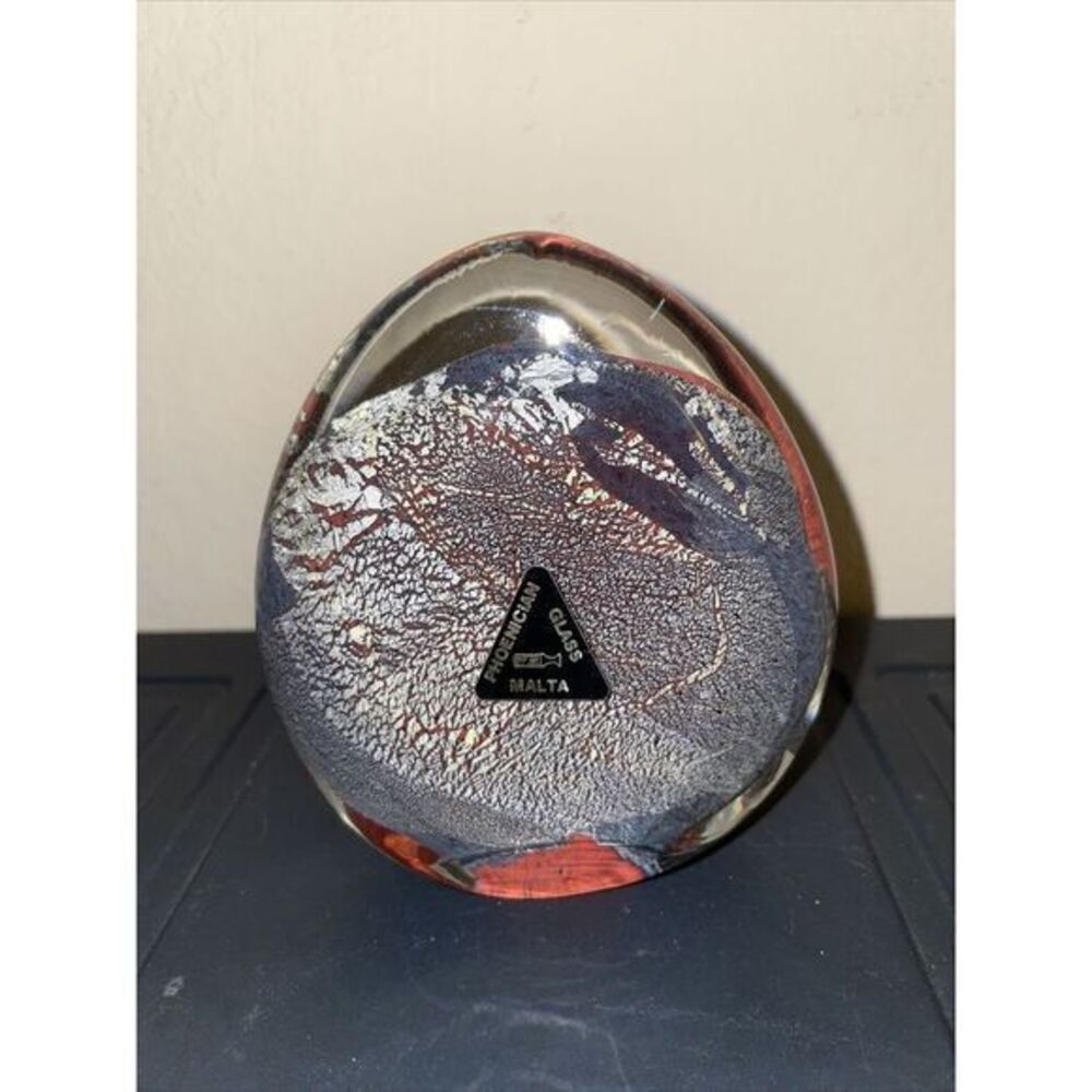 Signed PHOENICIAN MALTA Studio Art Glass Silver Foil Red Paperweight 4x3.5x1.5"‎